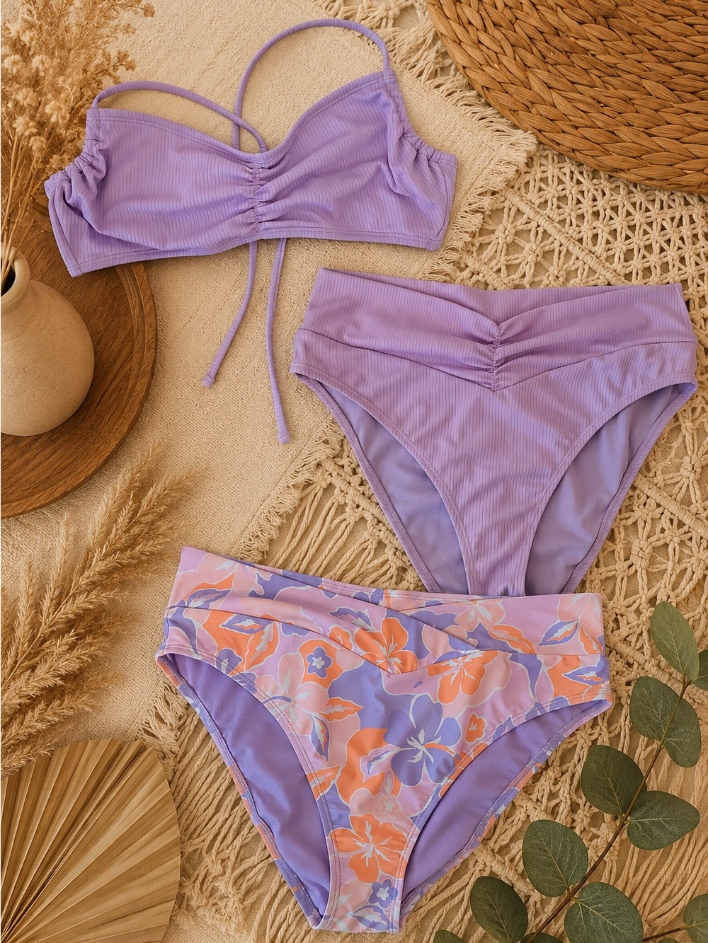 Junior's Lilac Ruched Bikini Set with Bonus Floral High-Waist Bottom